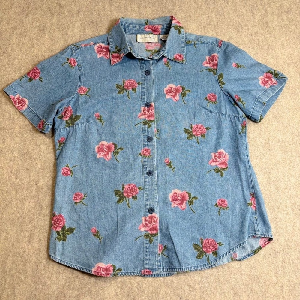 Lemon Grass Denim Shirt Wmns M Blue Cotton Floral Rose Short Sleeve Boho Classic